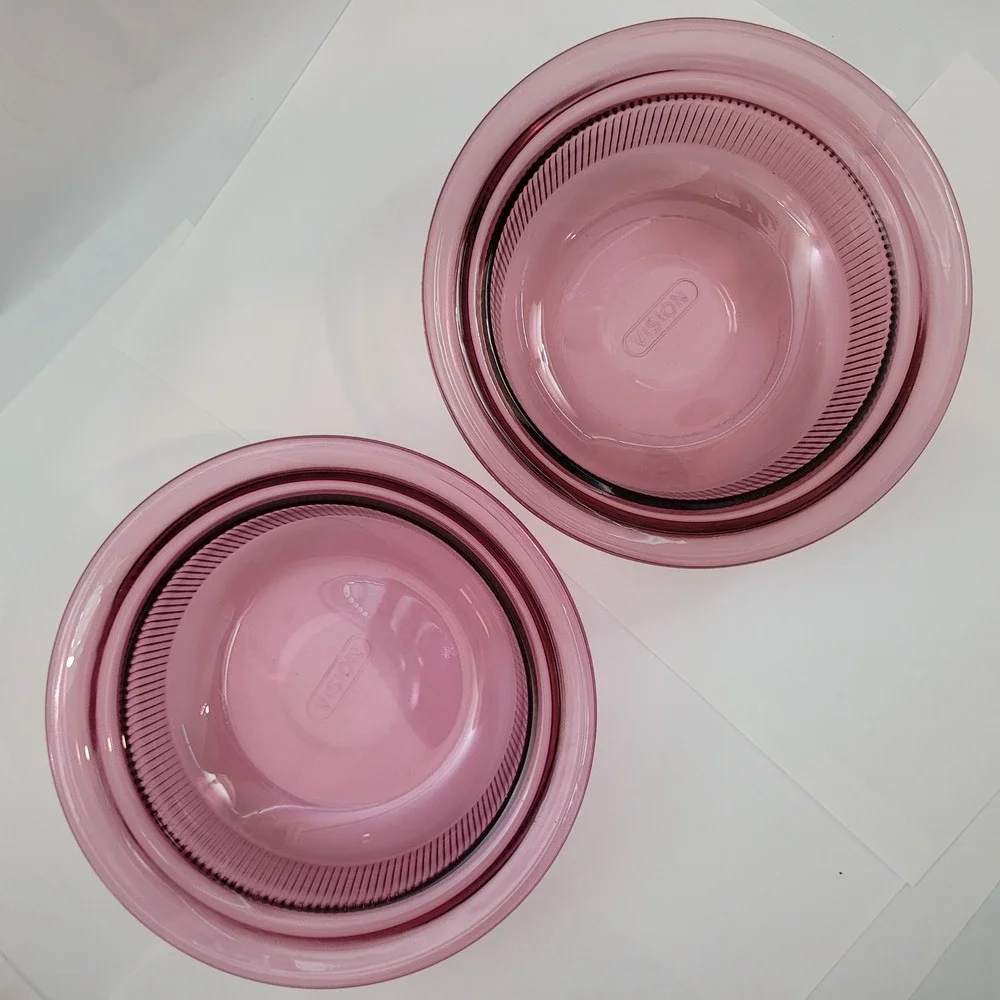 Lot of 2 Corning Vision Casserole Dish V-30-B Cranberry Glass 24oz Ribbed Round